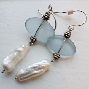 Pearl and Green Blue Seaglass Dangle Earrings